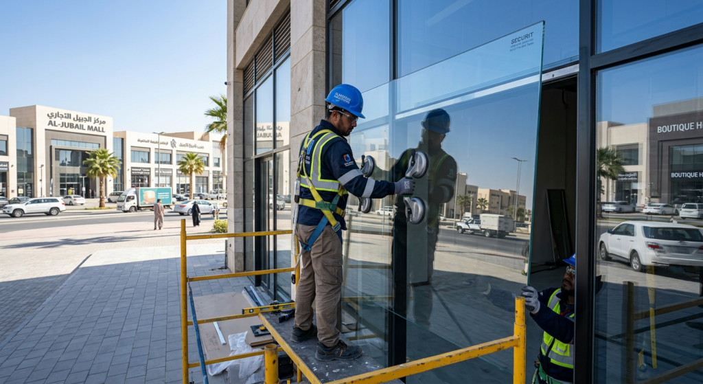 فني يقوم بتركيب زجاج سيكوريت في الجبيل للمحلات والمنازل.