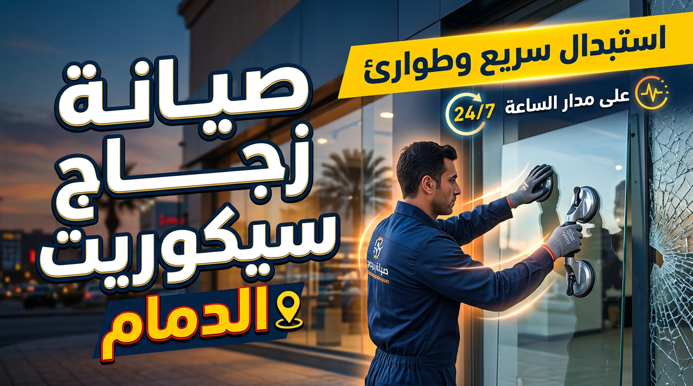 فني متخصص يقوم بتركيب واجهة زجاج سيكوريت جديدة لمنشأة تجارية في الدمام بعد عملية استبدال طارئة.