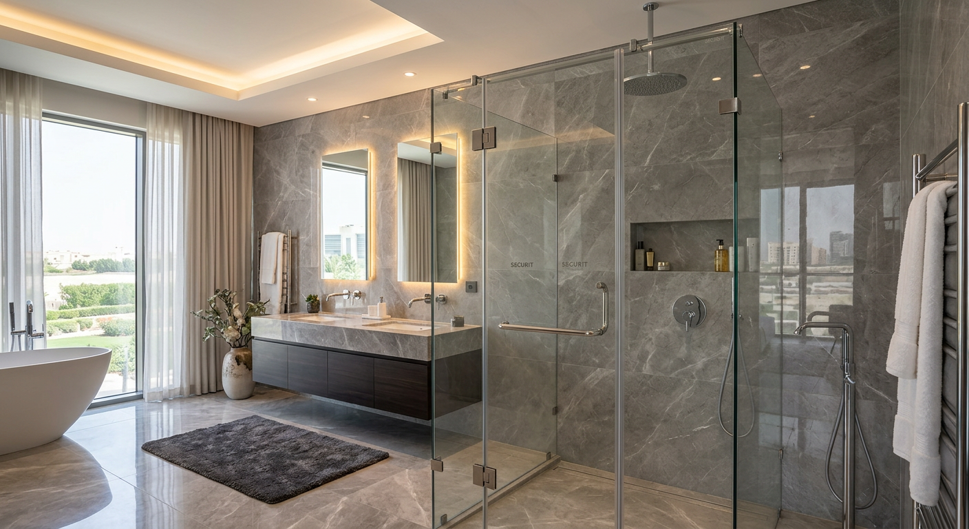 تركيب شاور بوكس زجاج سيكوريت فريم ليس في حمام عصري بالدمام.