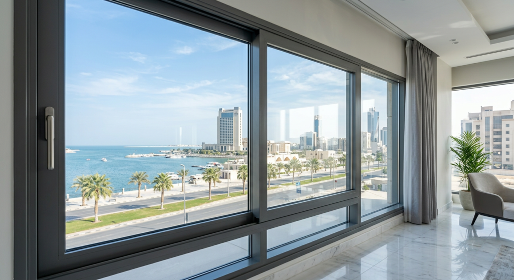 نافذة زجاج سيكوريت في منزل بالدمام مقاومة للكسر وتوفر حماية للأطفال وعزلًا فعالًا للحرارة