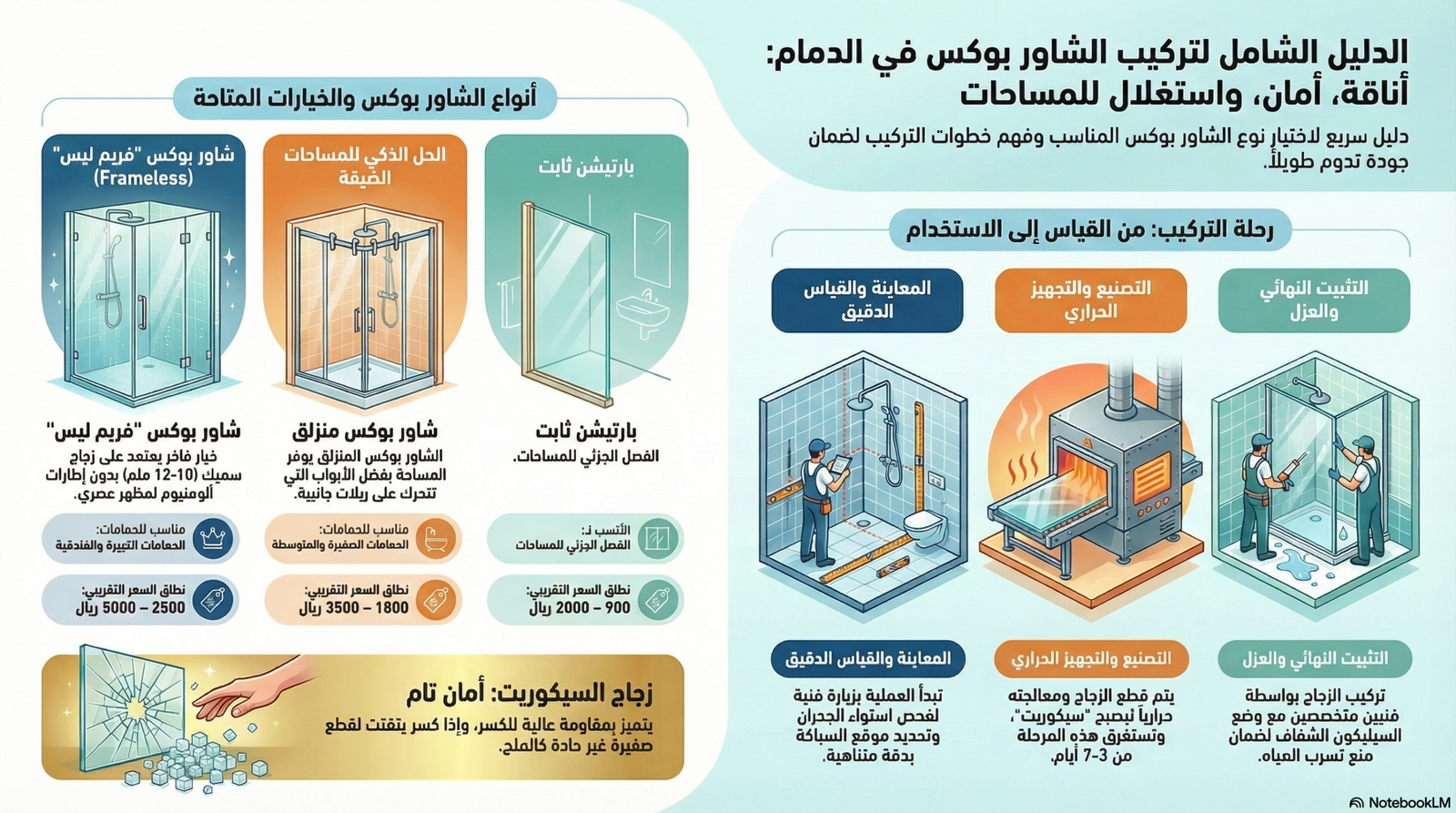 تركيب شاور بوكس زجاج سيكوريت فريم ليس في حمام عصري بالدمام.