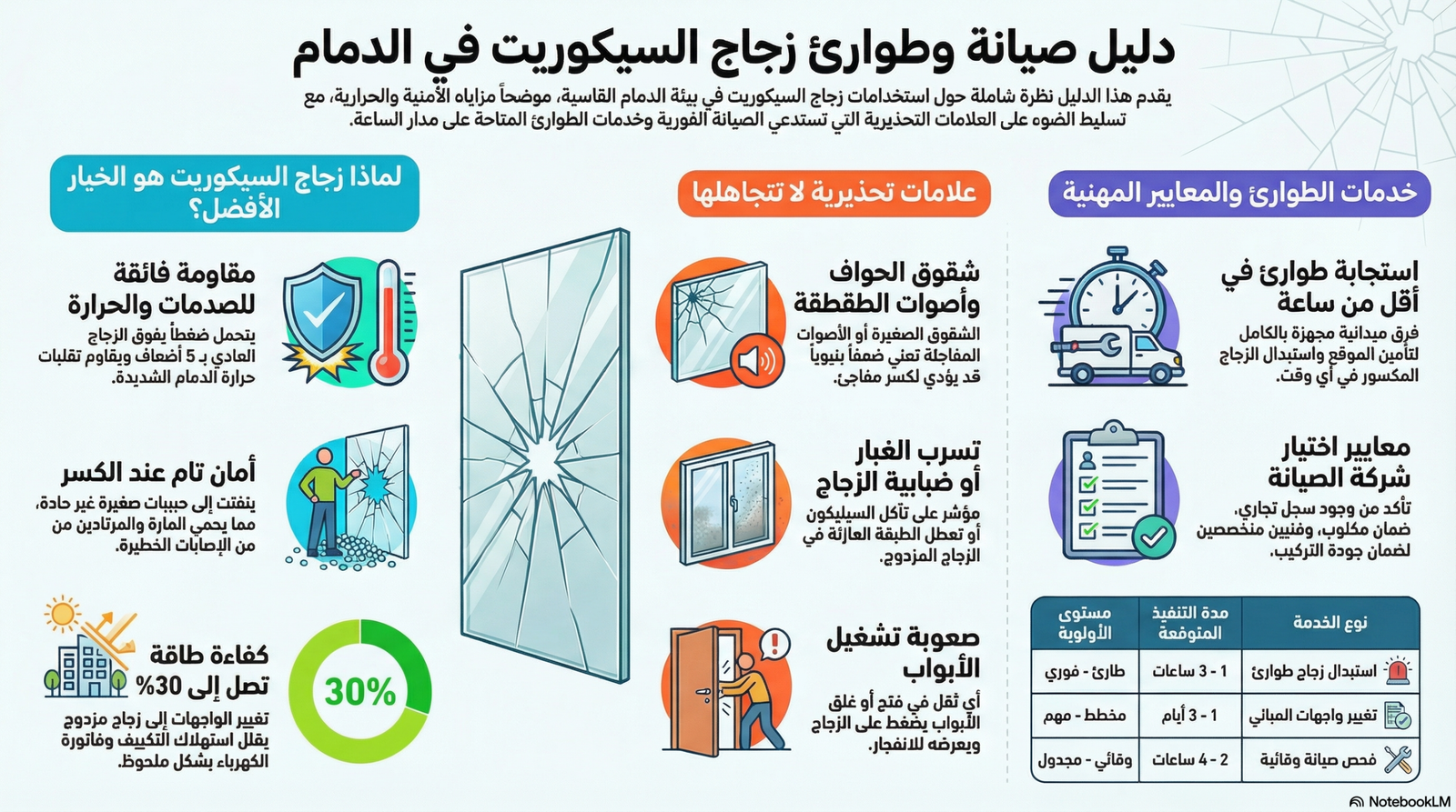 فني متخصص يقوم بتركيب واجهة زجاج سيكوريت جديدة لمنشأة تجارية في الدمام بعد عملية استبدال طارئة.