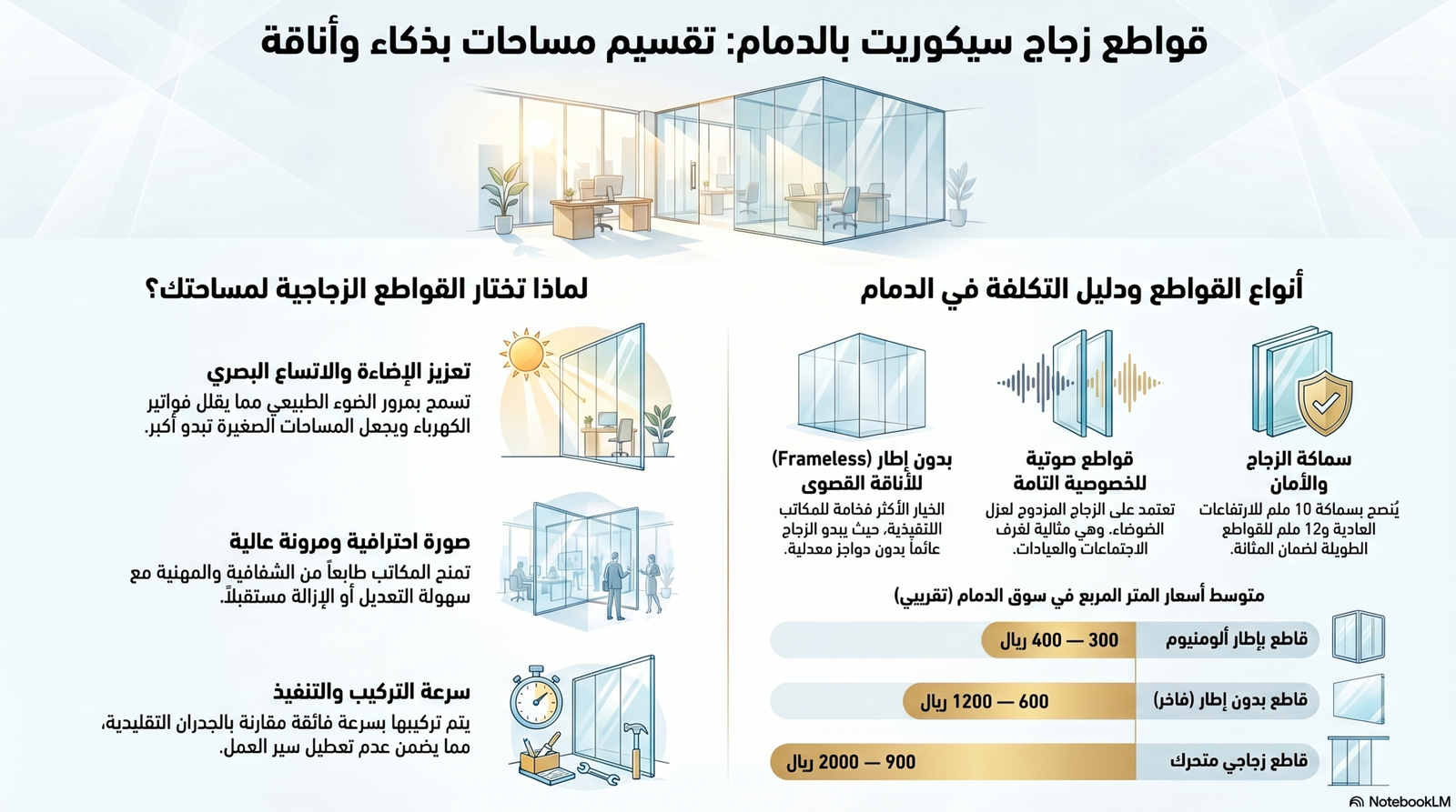 تركيب قواطع زجاج سيكوريت للمكاتب والشركات في مدينة الدمام.