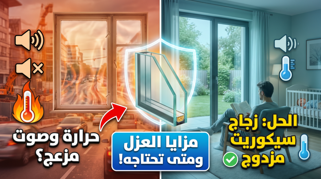 زجاج سيكوريت مزدوج عازل للحرارة والصوت في واجهة مبنى حديث.