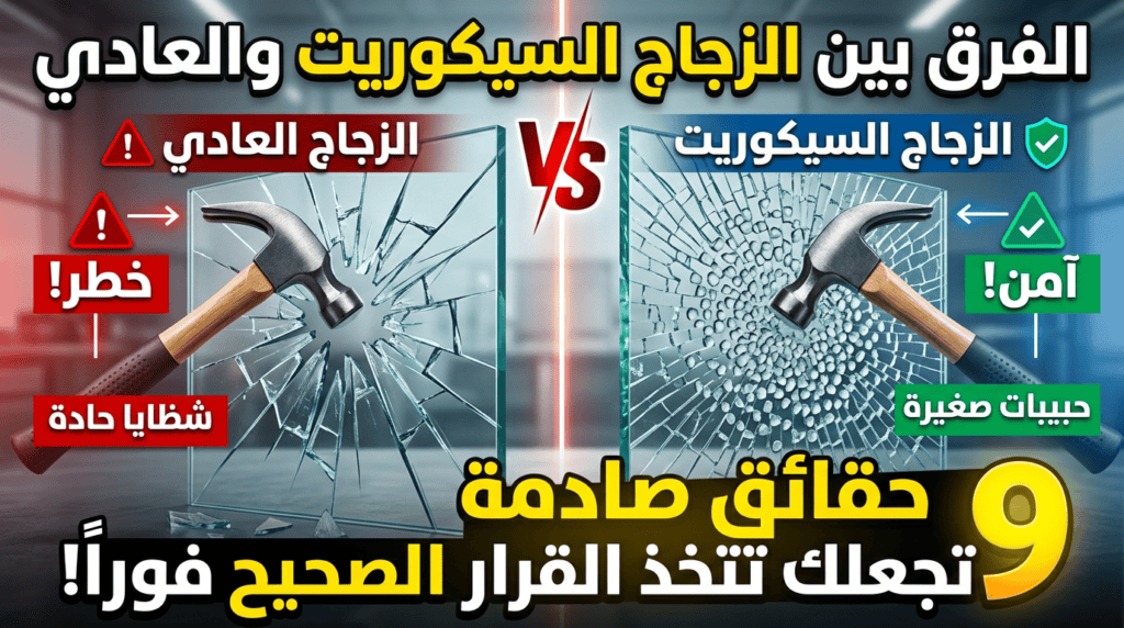 مقارنة توضيحية تبرز الفرق بين الزجاج السيكوريت والعادي عند التعرض للكسر.